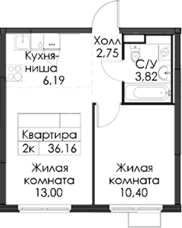 1-комнатная квартира 36.16 м², 7/12 эт., ЖК «Таллинский парк»